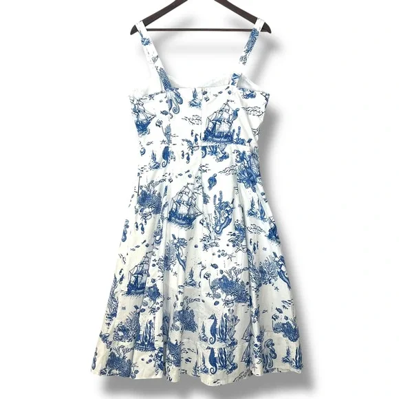 NEW Avec Les Filles Dress Size 12 Blue‎ White Nautical Mermaid Ocean Beach Midi - Picture 2 of 16